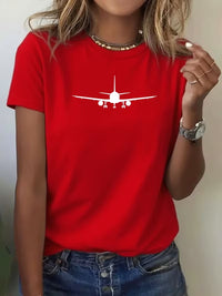 Tricou Dama Maneca Scurta cu Imprimeu Avion Minimalist