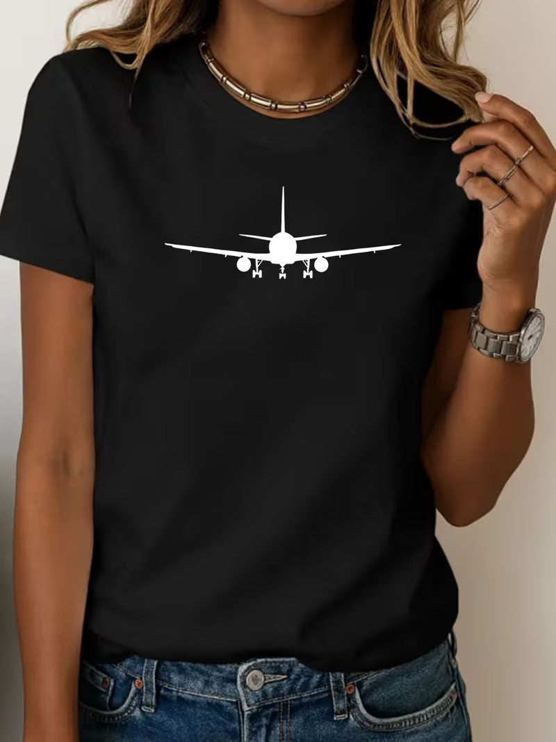 Tricou Dama Maneca Scurta cu Imprimeu Avion Minimalist