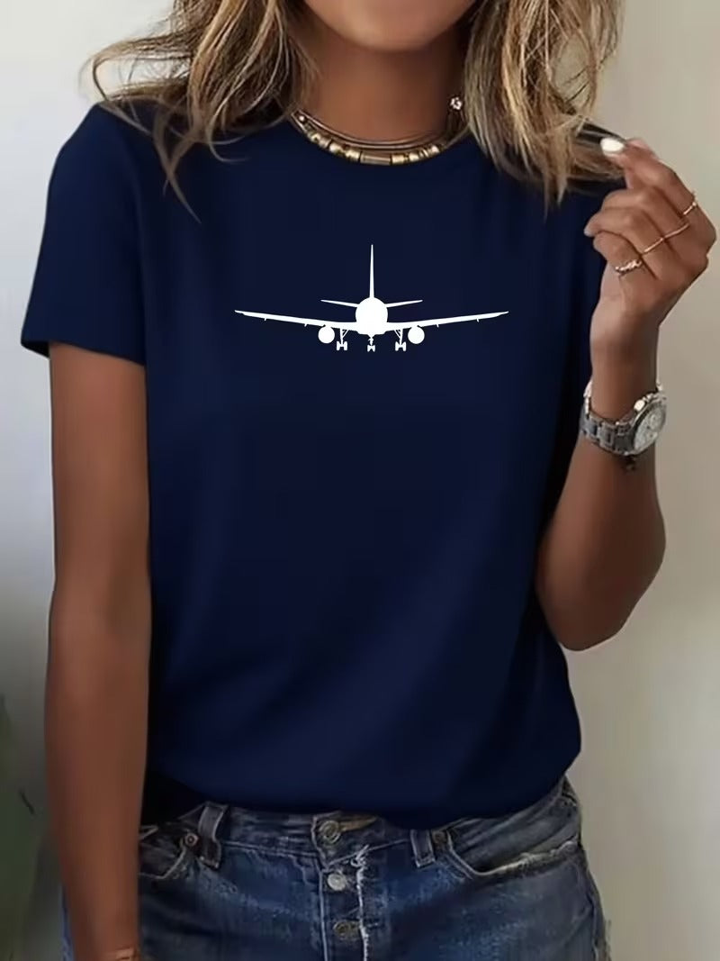 Tricou Dama Maneca Scurta cu Imprimeu Avion Minimalist