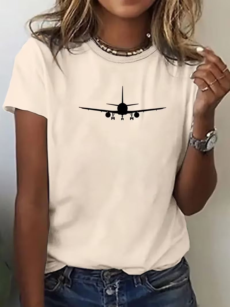Tricou Dama Maneca Scurta cu Imprimeu Avion Minimalist