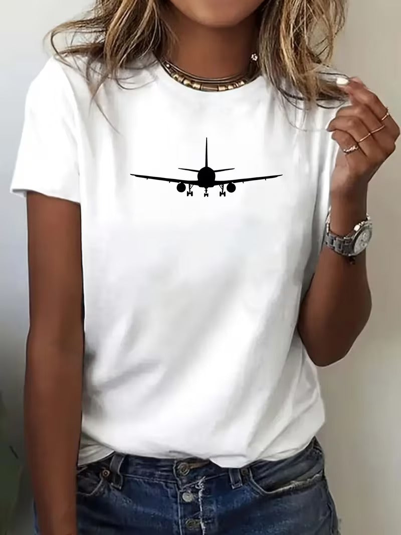 Tricou Dama Maneca Scurta cu Imprimeu Avion Minimalist