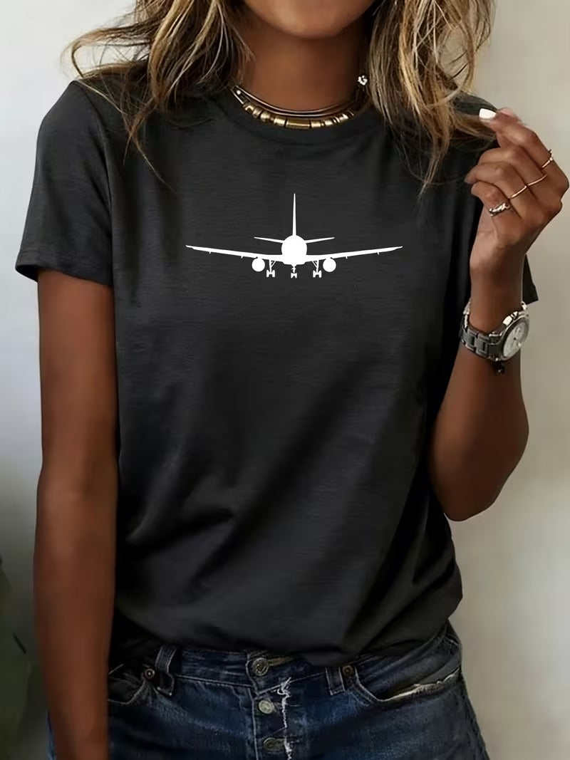 Tricou Dama Maneca Scurta cu Imprimeu Avion Minimalist