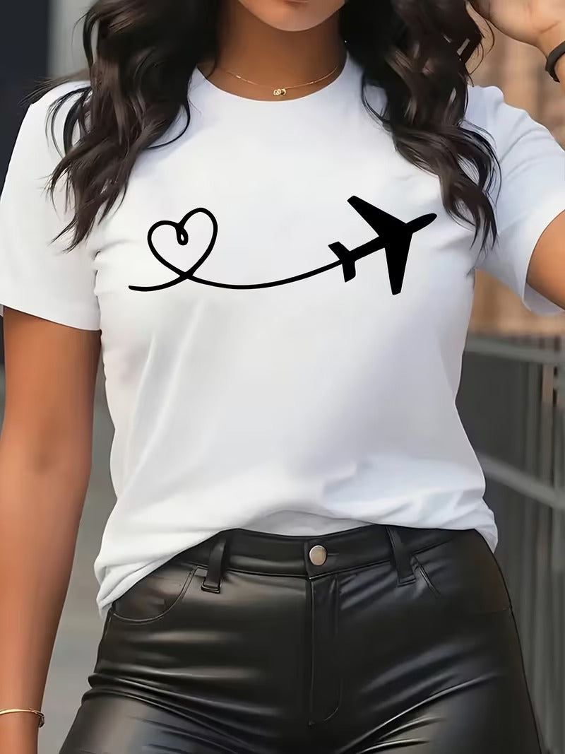 Tricou Dama cu Imprimeu Avion Material Usor si Durabil Airplane Heart
