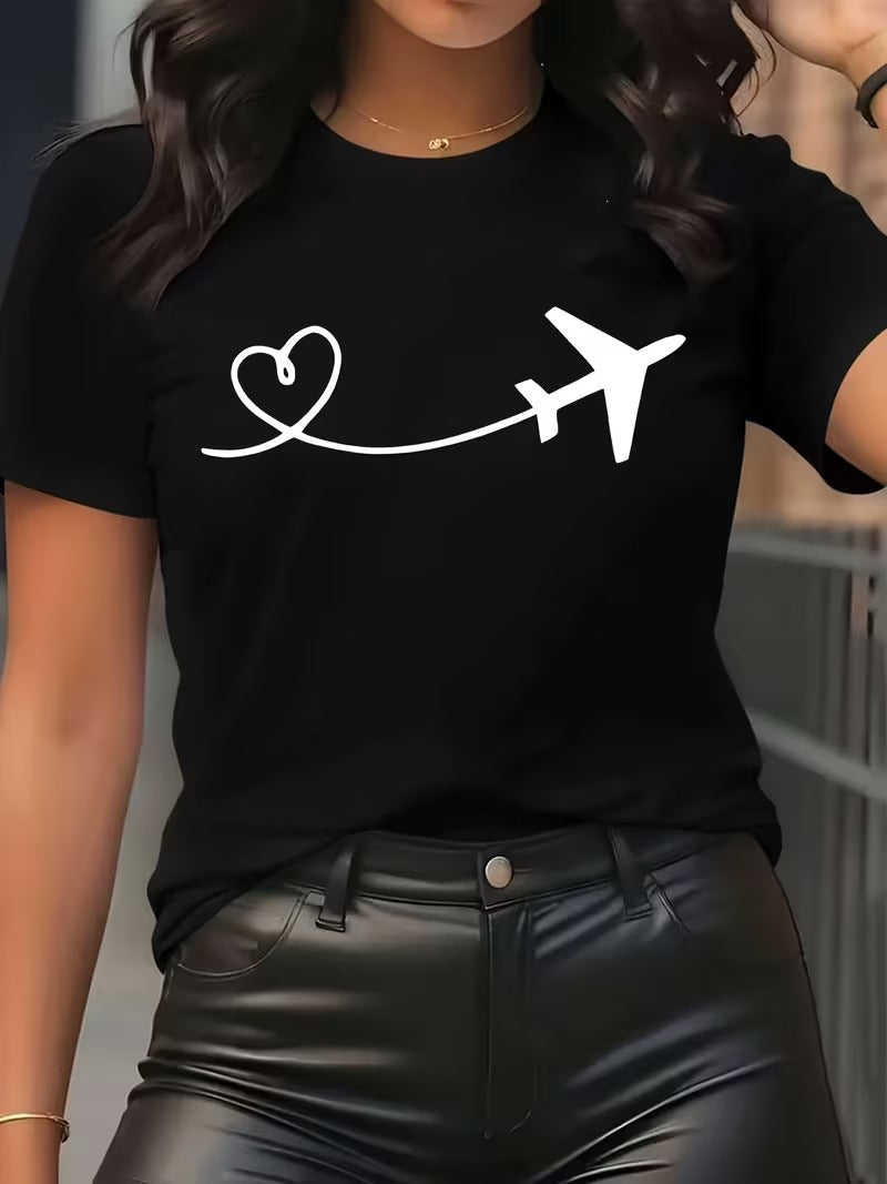 Tricou Dama cu Imprimeu Avion Material Usor si Durabil Airplane Heart