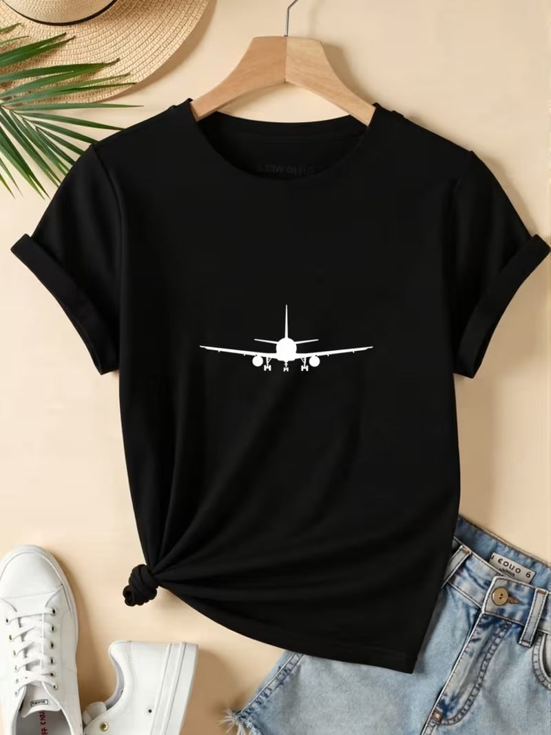 Tricou Dama cu Print Avion Stil Y2K Casual, Respirabil si Comod