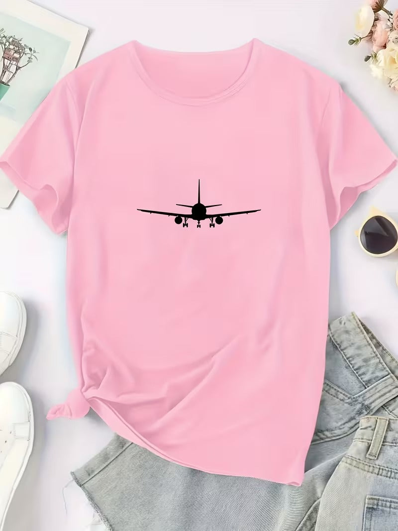 Tricou Dama cu Print Avion Stil Y2K Casual, Respirabil si Comod