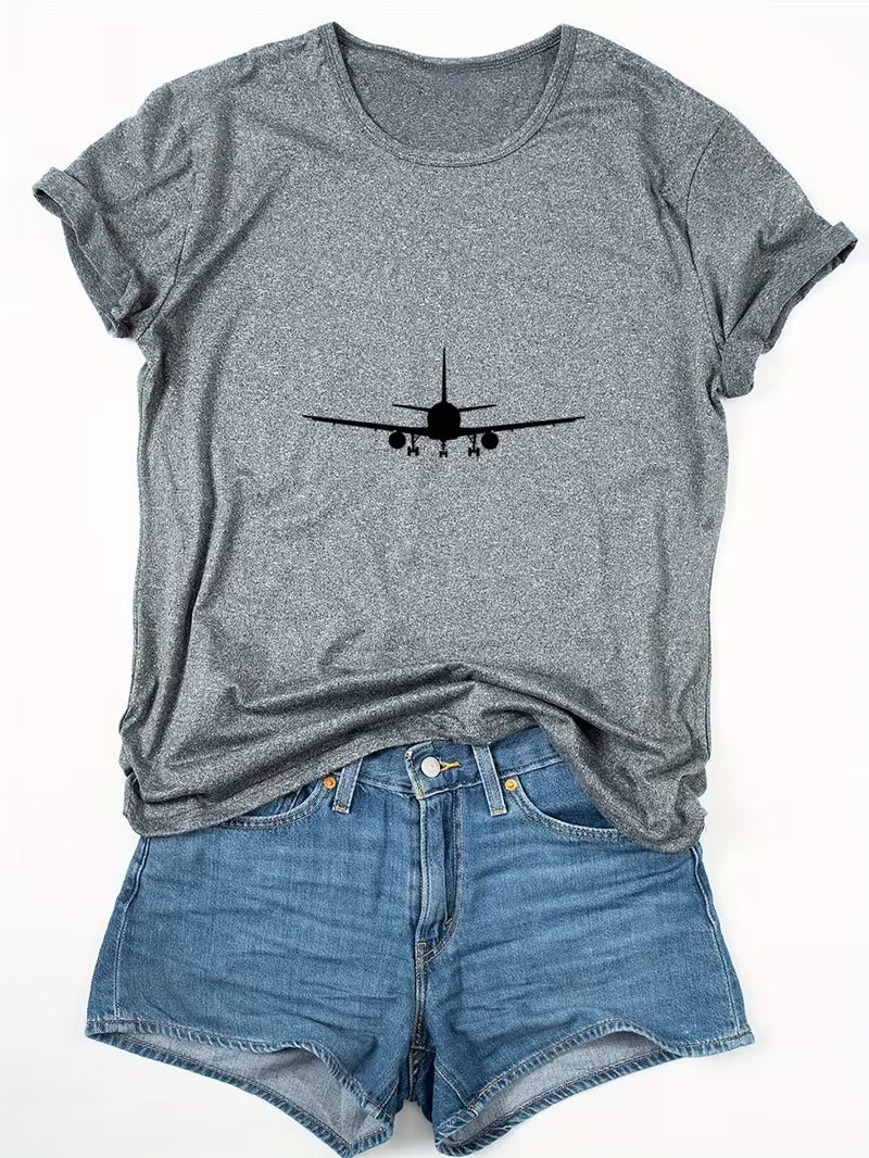 Tricou Dama cu Print Avion Stil Y2K Casual, Respirabil si Comod