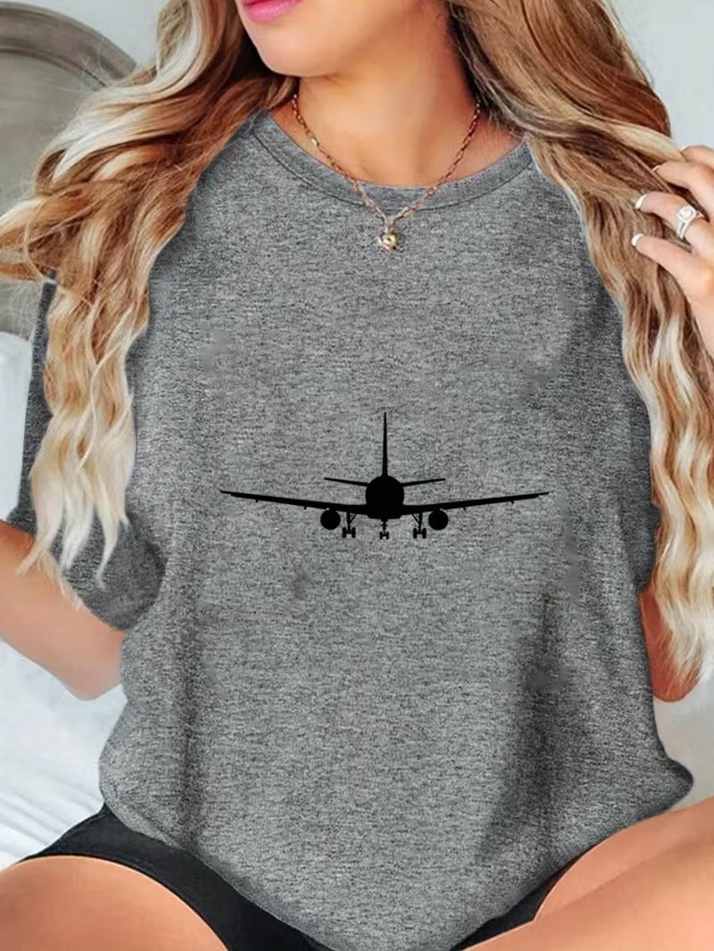 Tricou Dama cu Print Avion Stil Y2K Casual, Respirabil si Comod