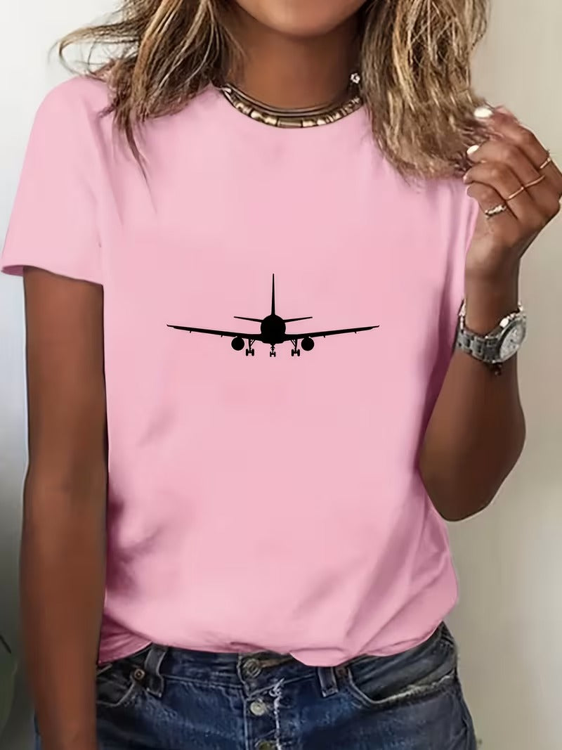 Tricou Dama cu Print Avion Stil Y2K Casual, Respirabil si Comod